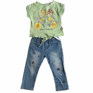 Girls Light Green Graphic Tee & Star Embroidered Jeans Set